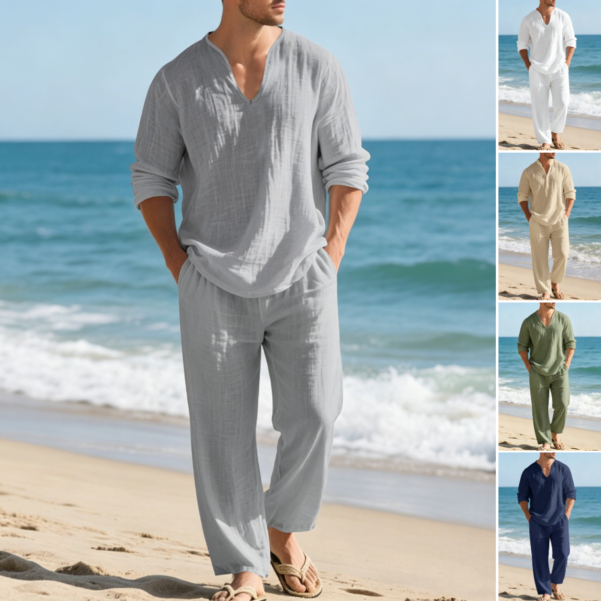 ⏳50% sleva【S-3XL】⏳【Top + kalhoty】Vysoce kvalitní pánský lněný komplet s výstřihem do V – pohodlný, prodyšný a ve volném střihu.
