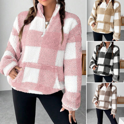 ❄️【S-5XL】 Jesenný/zimný módny krátky kockovaný flísový top s polootvoreným golierom