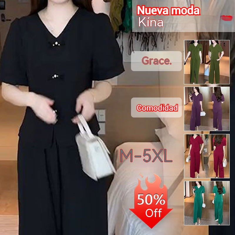 🌸【M-5XL】 Tavaszi divatos jégselyem női szett – Felső + bő szárú nadrág