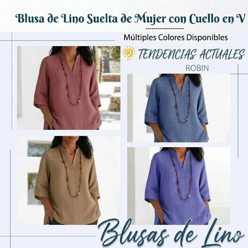 Nuevo estilo de verano: camisa informal holgada de algodón y lino con cuello en V y manga tres cuartos.