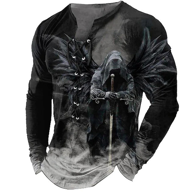 Męski, swobodny T-shirt z długim rękawem i nadrukiem 3D