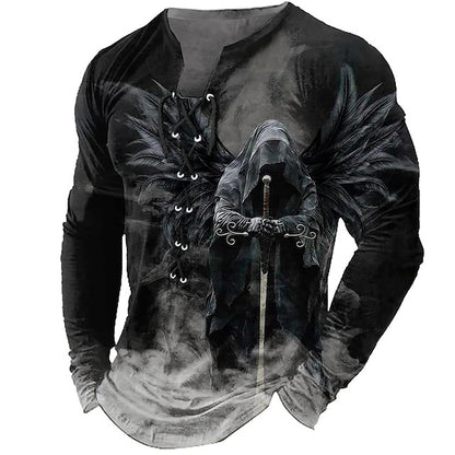 Męski, swobodny T-shirt z długim rękawem i nadrukiem 3D