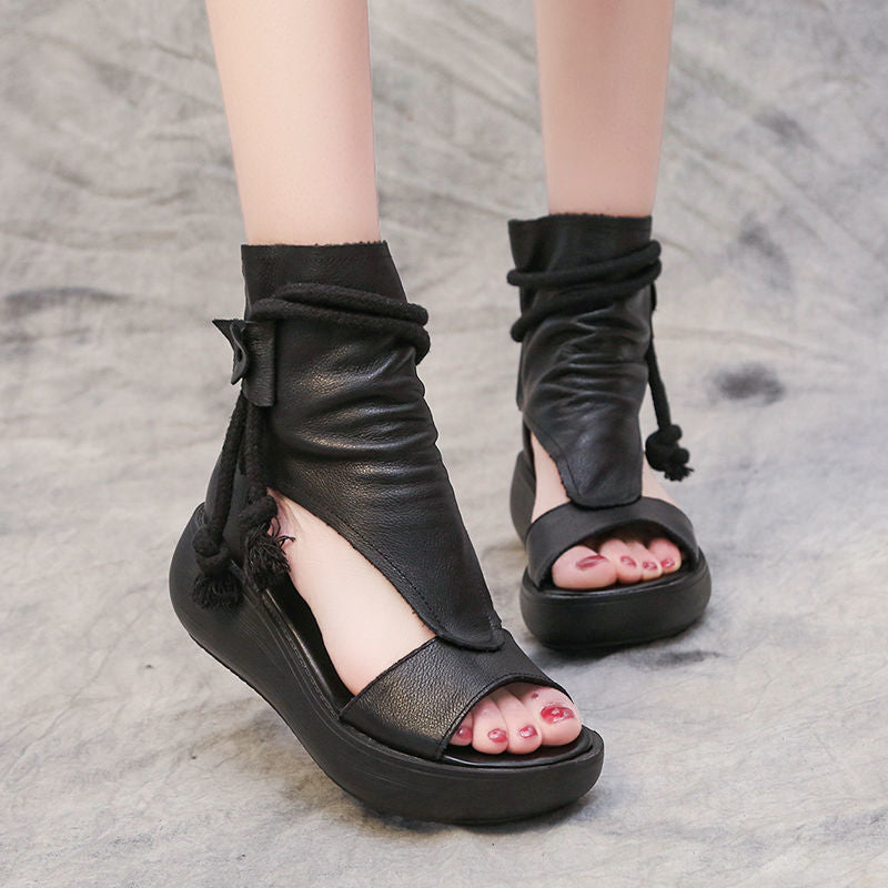 【35-40】 2026 nowe modne sandały na platformie z miękkiej skóry typu rybie usta