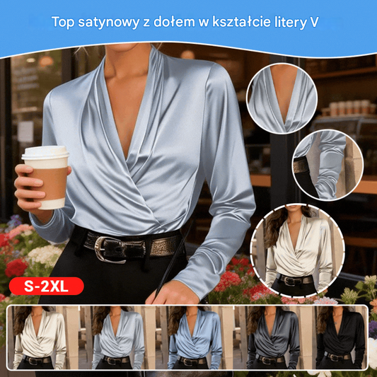 🧣🎨👗Nowość wiosenna 2026 | Modny design | Luksusowy, profesjonalny damski top z satyny z dekoltem w serek - uniwersalny