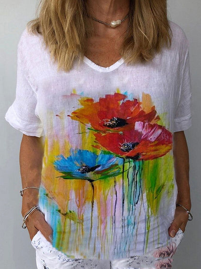 【S-5XL】🌈T-shirt z krótkim rękawem i bawełnianą lnianą nadrukiem w kwiaty