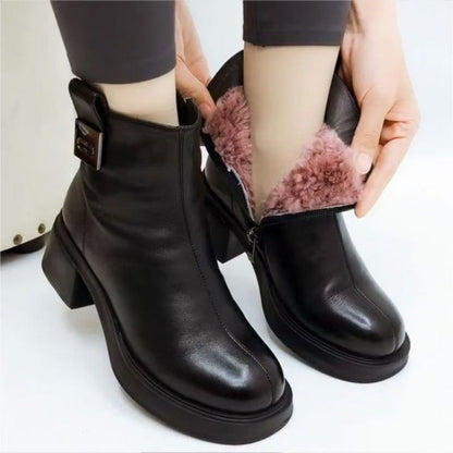 2024 Buty ze skóry naturalnej, grube, bawełniane, na grubym obcasie
