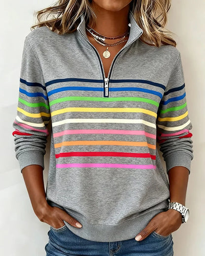 【S-5XL】😀👉Stylowa bluza w tęczowe paski z kołnierzem zapinanym na suwak