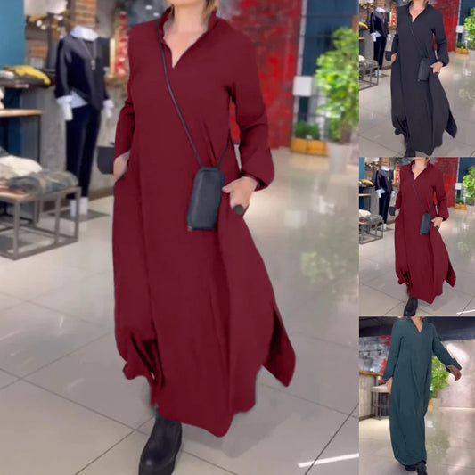 💋【S-3XL】Jednokolorowa sukienka casual z długim rękawem w kształcie litery V