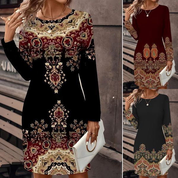 🔥🥰【S-3XL】Wiosenne nowości | Okrągły dekolt, długi rękaw | Sukienka z nadrukiem