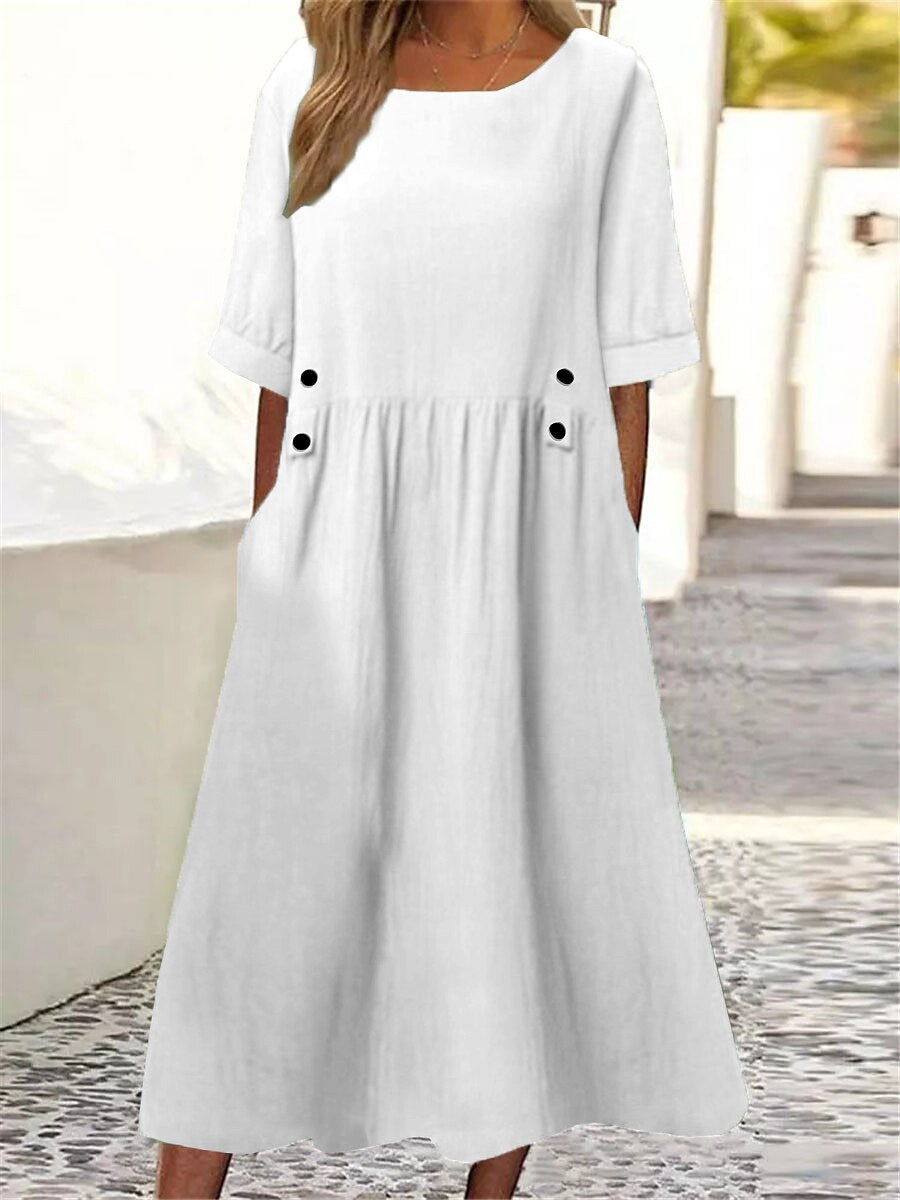 👗【M-3XL】Új pamut-len ruha kerek nyakkivágással, légáteresztő és kényelmes, testhezálló szabás karcsúsító hatással
