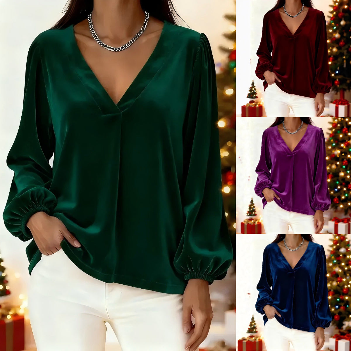 🥰🥰【M-3XL】🌺Bestsellerowy, elegancki i luksusowy T-shirt, złoty aksamitny dekolt w serek, rękawy typu lampion