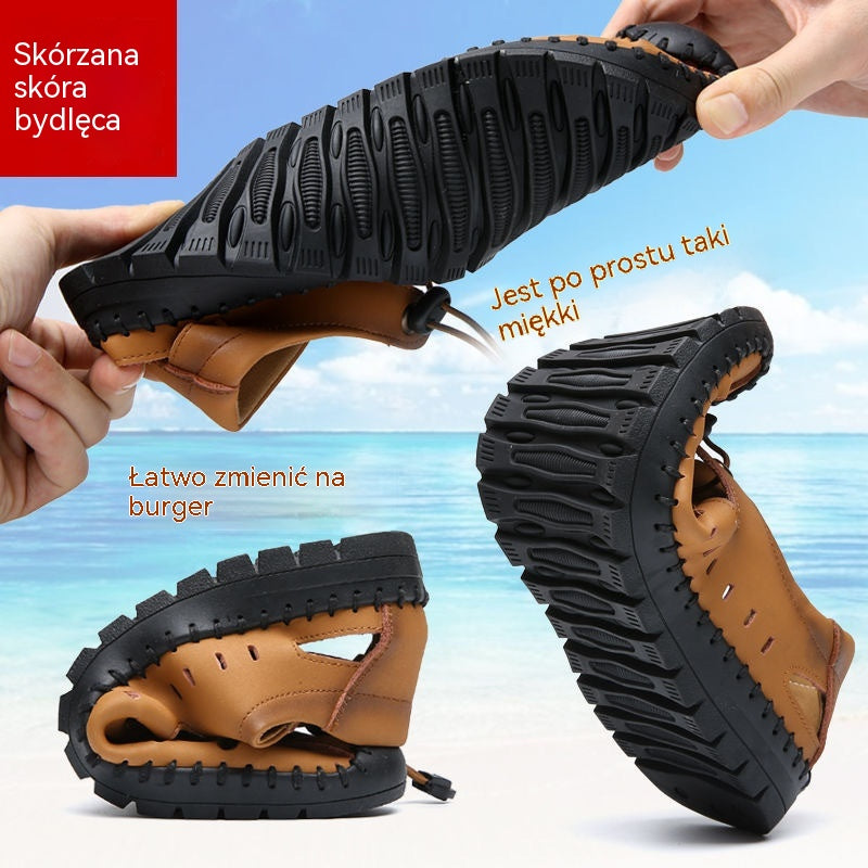 🌟✨【39-44】Męskie oryginalne skórzane buty z odkrytymi palcami, wydrążone, letnie, swobodne, oddychające - modne i stylowe