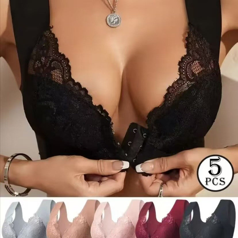 💖Korlátozott ideig a legalacsonyabb ár【5 darabos szett】【40-100 kg】😍🩲Emelő hatású melltartó gyönyörű csipkés háttal, nagy méretben, push-up kivágással és elöl záródó kialakítással