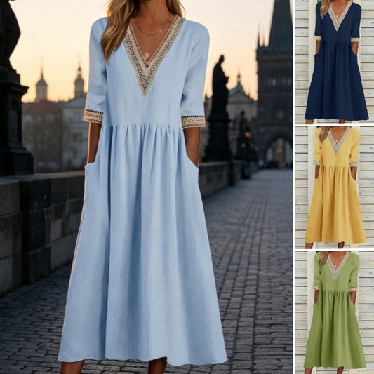 👗【S-2XL】Nové bavlněno-lněné šaty s výstřihem do V, prodyšné, pohodlné a zeštíhlující