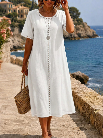 ☀️ Letní speciální nabídka【S-2XL】Elegantní šaty z bavlny a lnu pro pohodlné letní dny – prodyšné, s lichotivým střihem.