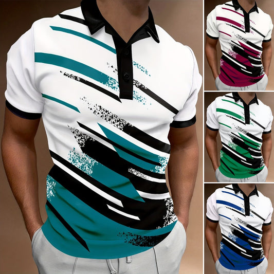 👔【S-6XL】🔥Nowa, modna koszulka POLO z nadrukiem w paski, zapinana na guziki dla mężczyzn