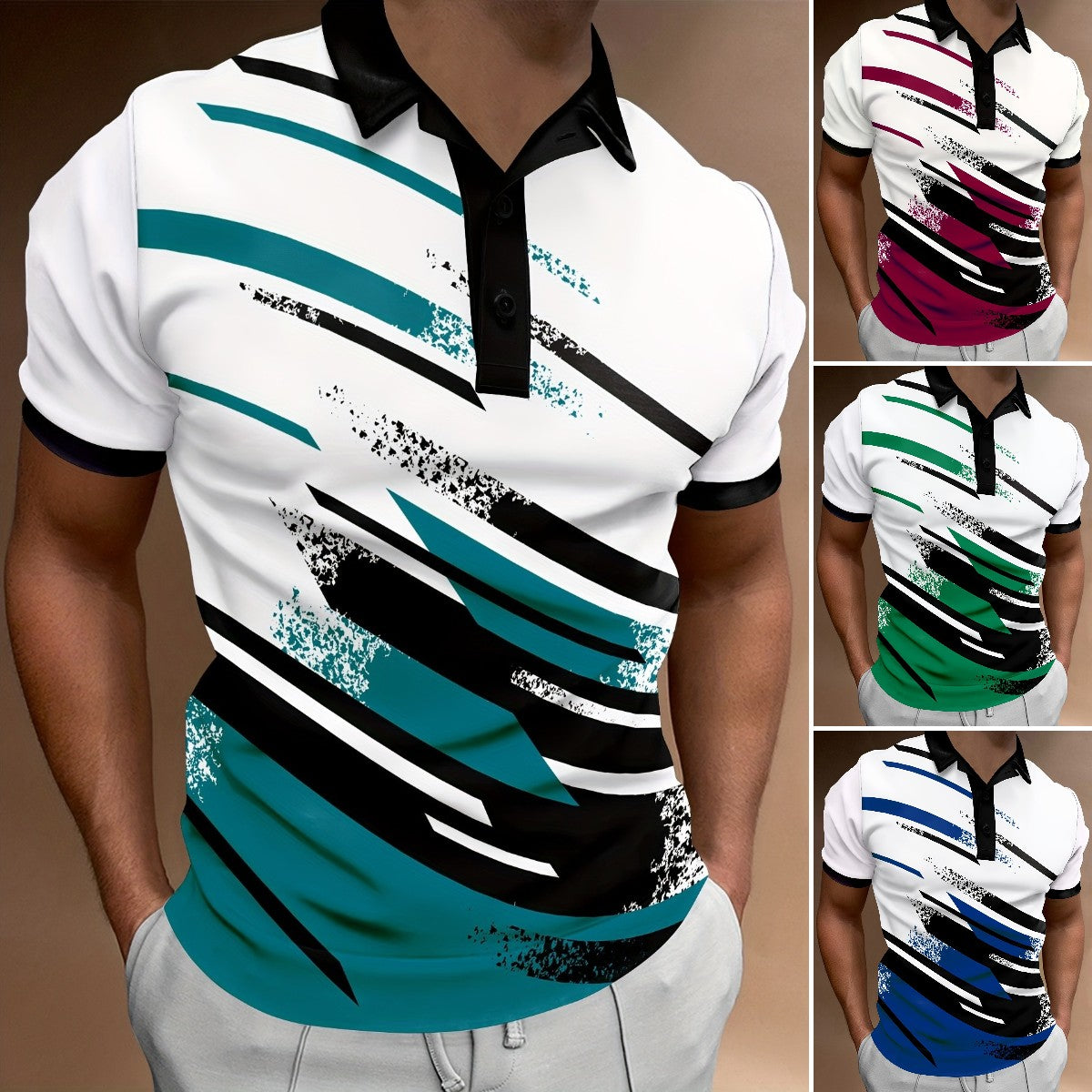 👔【S-6XL】🔥Nowa, modna koszulka POLO z nadrukiem w paski, zapinana na guziki dla mężczyzn