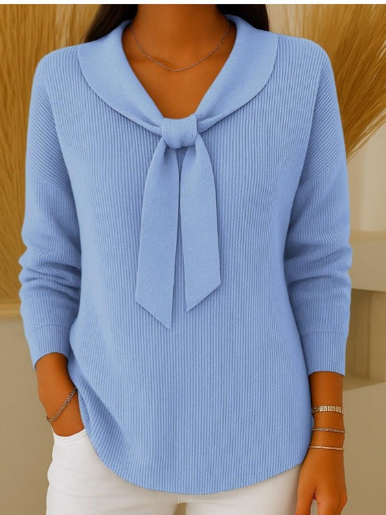 【S~5XL】Sweter damski w jednolitym kolorze z wiązaniem i długim rękawem, swobodny i luźny