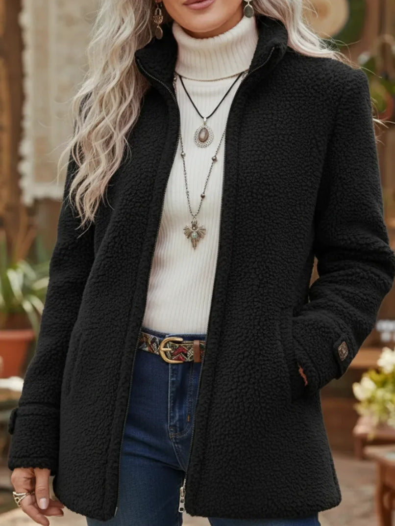 🛒【S-3XL】Dámska ležérna bunda na zips z jahňacej vlny