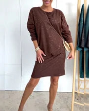 【S-3XL】Stylowa sukienka z okrągłym dekoltem, ozdobiona delikatnymi cekinami