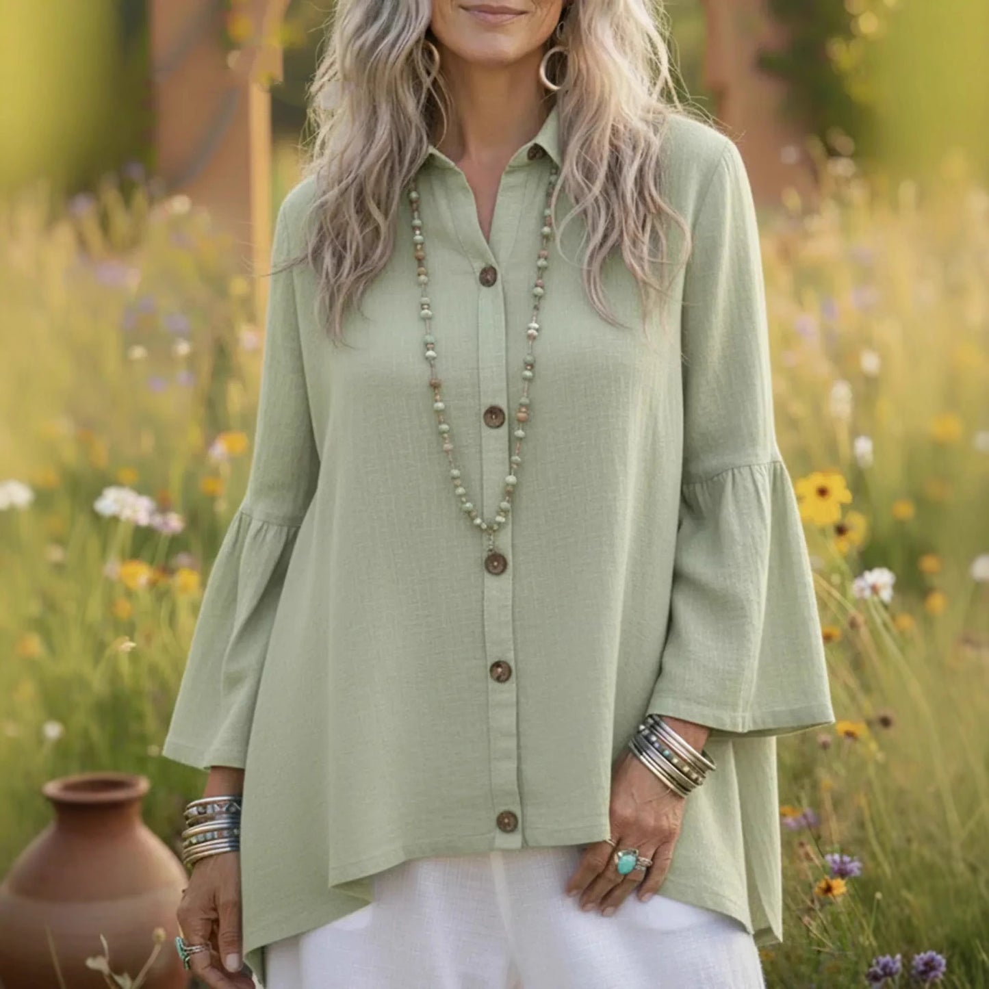 【S-3XL】🌸👚Nowa wiosenna koszula w jednolitym kolorze z długim rękawem i rozkloszowanym krojem