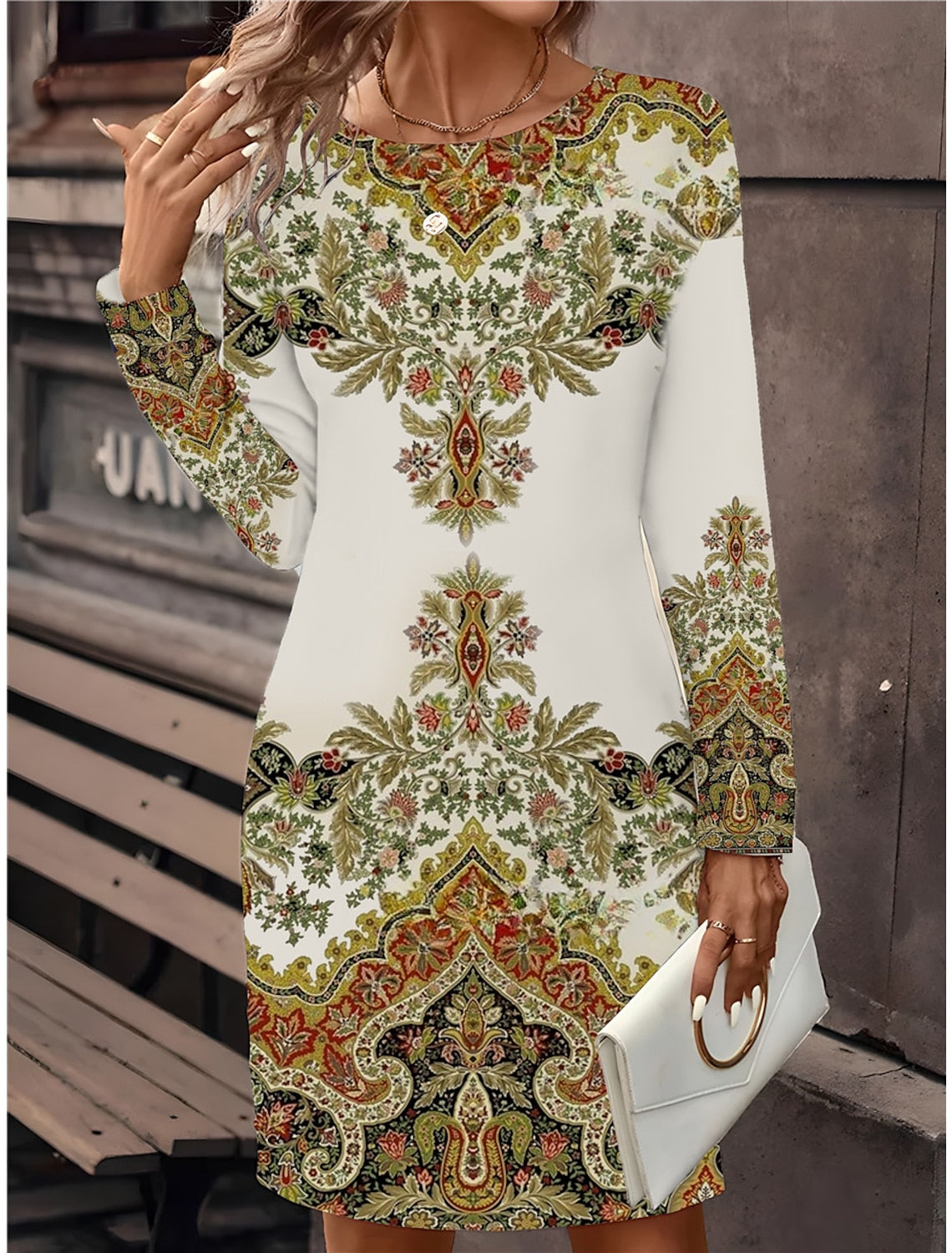 🔥🥰【S-3XL】Wiosenne nowości | Okrągły dekolt, długi rękaw | Sukienka z nadrukiem