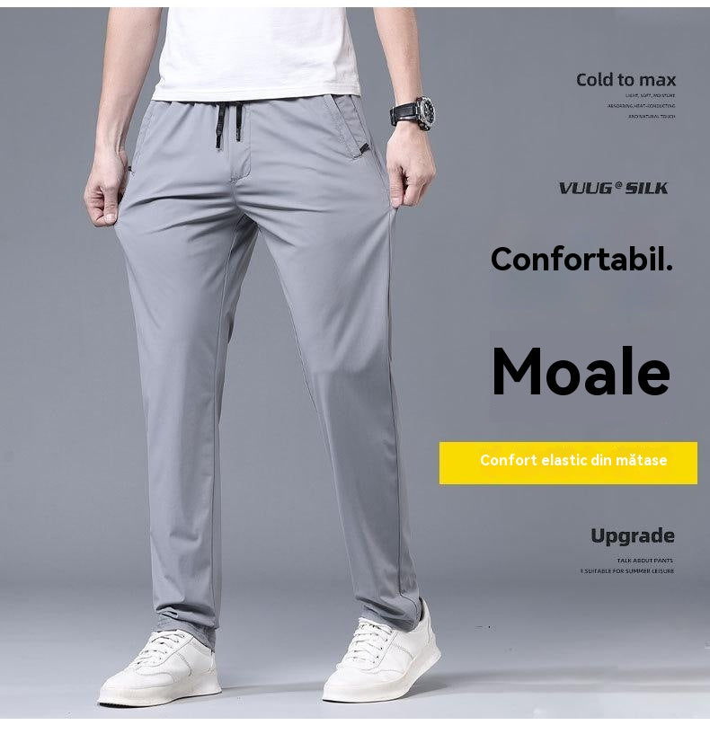 ❄️👖【Kupte 1 a získejte 1 zdarma ✨】【M–5XL】Letní tenké pánské rovné kalhoty z ledového hedvábí ✅ Vysoká elasticita ✅ Prodyšné a rychleschnoucí