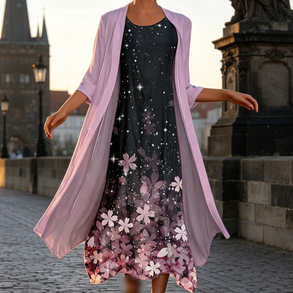 🔥 Poslední den slevy 50 %!【S-5XL】Letní šaty s kulatým výstřihem a potiskem, prodyšné a pohodlné, zeštíhlující a snadno kombinovatelné.【Bunda + Sukně】