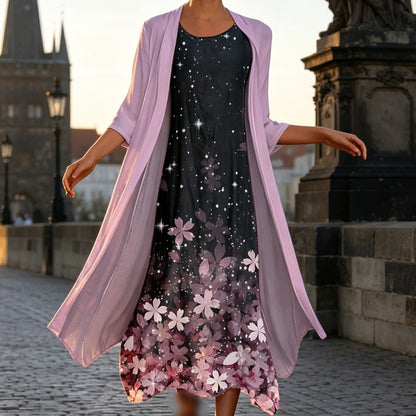 🔥 Poslední den slevy 50 %!【S-5XL】Letní šaty s kulatým výstřihem a potiskem, prodyšné a pohodlné, zeštíhlující a snadno kombinovatelné.【Bunda + Sukně】