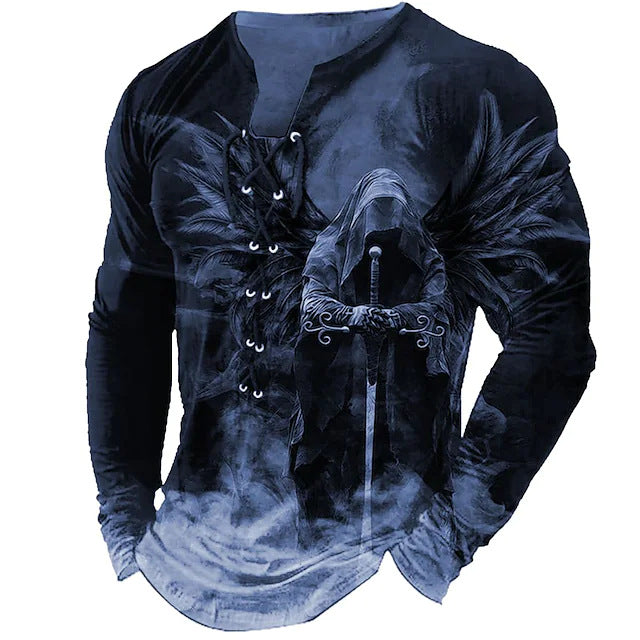 Męski, swobodny T-shirt z długim rękawem i nadrukiem 3D