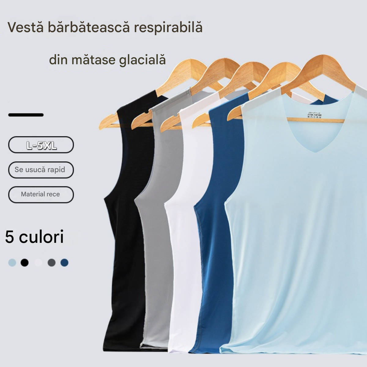 ❄️🆒【Cumperi 3, primești 2 gratuit – în total 5 bucăți 🔥】【L–5XL】Maiou bărbătesc de vară din mătase de gheață, fără cusături, model subțire, mărimi mari