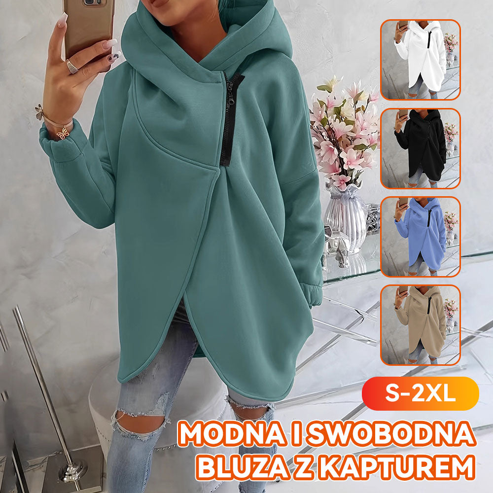 Damska bluza z długim rękawem, czarna, casualowa, z kapturem i kieszenią z przodu, zapinana na zamek