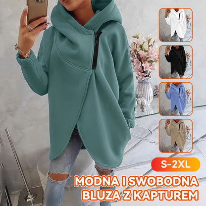 Damska bluza z długim rękawem, czarna, casualowa, z kapturem i kieszenią z przodu, zapinana na zamek