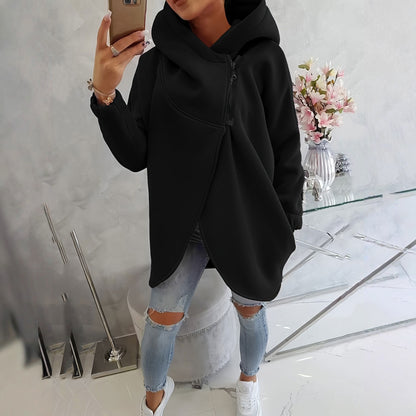 Damska bluza z długim rękawem, czarna, casualowa, z kapturem i kieszenią z przodu, zapinana na zamek