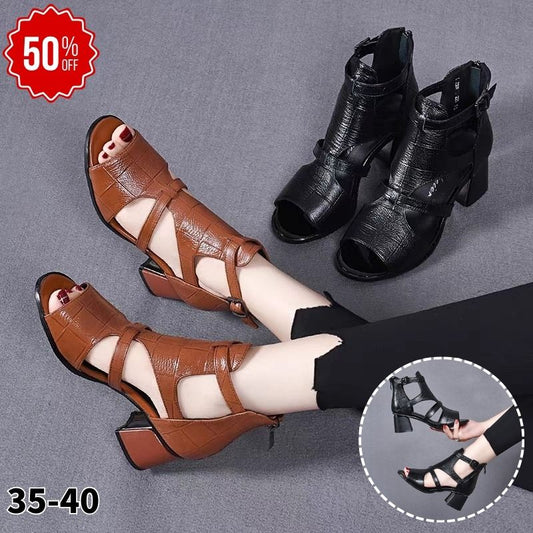 🔥【35-40】👡Nowe miękkie, miękkie skórzane, rybne dno, rybie usta, wydrążone usta, gruby obcas rzymskie sandały