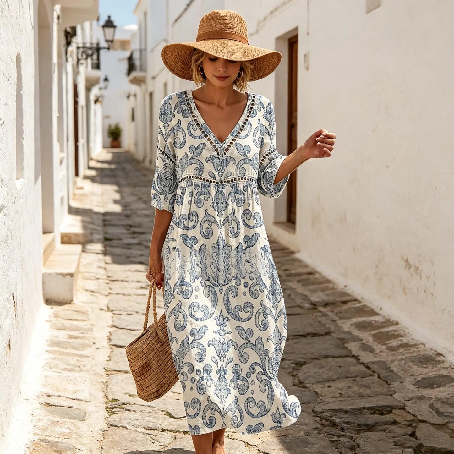 👗【S-3XL】2026 Új Divatos Nyári V-nyakú Mintás Lélegző Hosszú Ruha