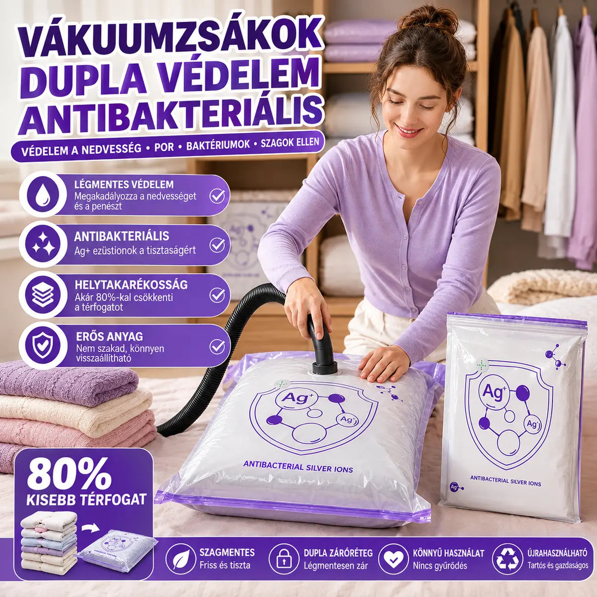 ✨(5 darab)💨 Nagy, összenyomható vákuumos tárolózacskó: nincs szükség pumpára, szivárgásmentes és ideális helytakarékosságra bőröndökben és otthon ✈️