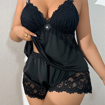 👗【S-3XL】✨ Pyžamový set: Top bez rukávů a krajkové kraťasy — nastavitelná ramínka a výstřih do V