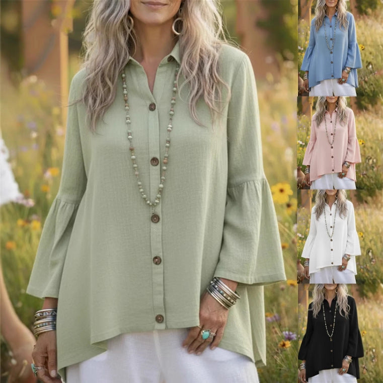 【S-3XL】🌸👚Nowa wiosenna koszula w jednolitym kolorze z długim rękawem i rozkloszowanym krojem