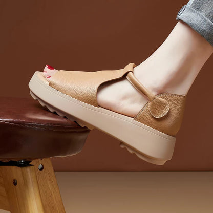 👡【35-40】Sandały rzymskie z pyskiem ryby wykonane z prawdziwej skóry, z grubą podeszwą, w stylu retro, nowość na lato 2025.