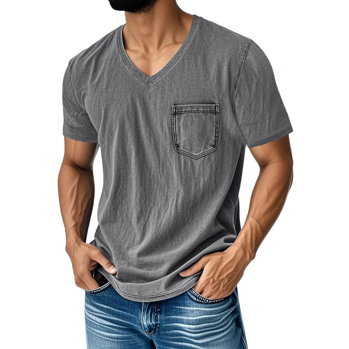 👔 50% kedvezmény 🔥 [40–120 kg] Férfi laza, bő szabású farmer póló — V-nyakú, rövid ujjú ✅ Utánvétes fizetés lehetséges ✅ Vásároljon 2-t, és 30% kedvezményt kap