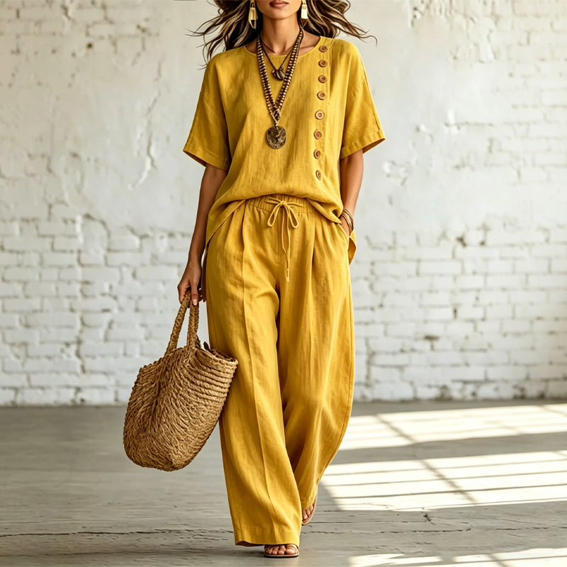 🎨 【Set din tricou + pantaloni largi 】ținută casual modernă din bumbac și in, confortabilă și respirabilă